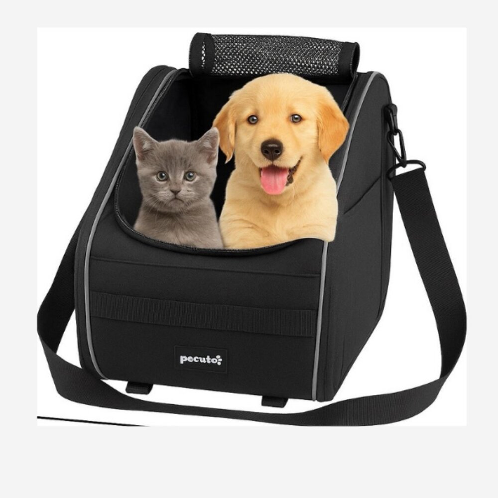 Pecute Small Pet Carrier Bag Soft-Sided Travel Tote 16"x9"x10" Black Portable